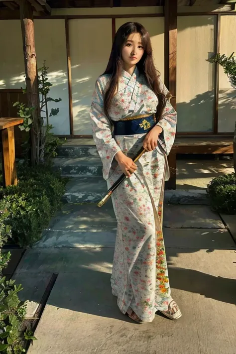 hight quality, realistic, detail, Very beautiful woman, woman wushu, woman holding sword, woman long hair, full body image, traditional Japanese house, beautiful garden of Japanese house
