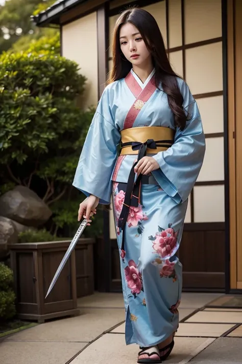 hight quality, realistic, detail, Very beautiful woman, woman wushu, woman holding sword, woman long hair, full body image, traditional Japanese house, beautiful garden of Japanese house