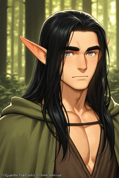guy; forest elf druid; powerful arthropod magic; black long hair, black thick eyebrows , grey eyes, kind, Cute, are gentle, guy; big bara; dark fantasy