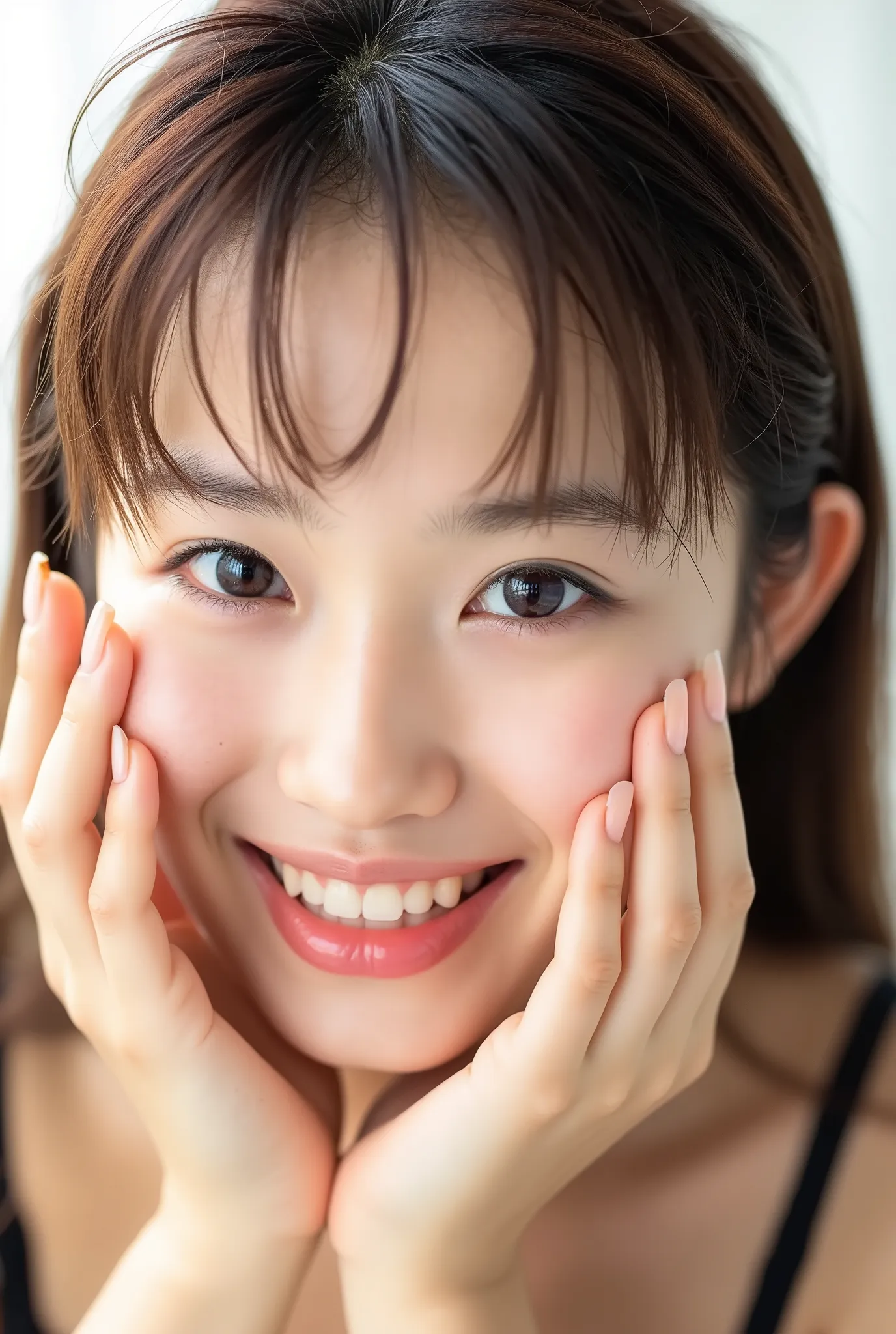 extreme close-up of a stunning modern Japanese girl, soft glowing dewy skin with a natural blush, cheeks deeply flushed from shyness, slightly parted glossy lips in a shy, joyful smile, upper teeth just barely showing, eyes moist with a gentle tear line gl...