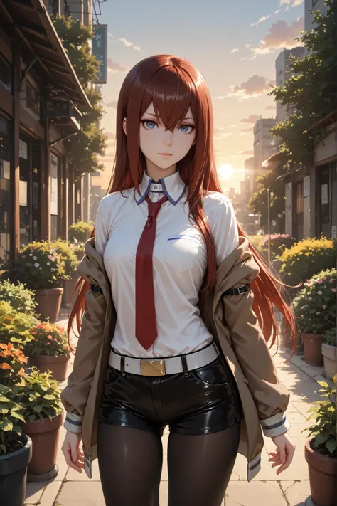 1girl, makise kurisu, blue eyes, short shorts, long hair, pantyhose, necktie, brown jacket, off shoulder, white shirt, red necktie, shirt, pantyhose under shorts, straight hair, dress shirt, belt, hair between eyes, collared shirt, standing, looking at the...