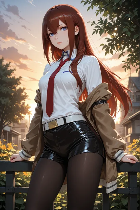 1girl, makise kurisu, blue eyes, short shorts, long hair, pantyhose, necktie, brown jacket, off shoulder, white shirt, red necktie, shirt, pantyhose under shorts, straight hair, dress shirt, belt, hair between eyes, collared shirt, standing, looking at the...