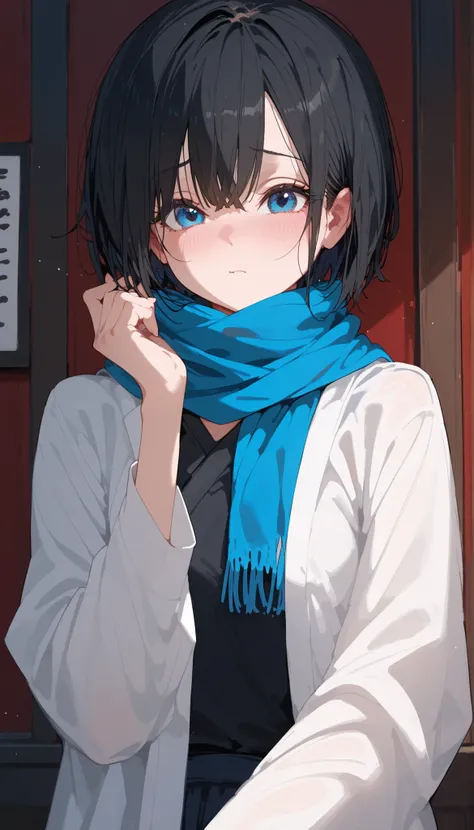 Alone ,girl,in blue eyes, black Hair,short hair,Upper Body Shape,Shy,shy, white kimono, blue scarf ,slim,medium size,good figure,Spread your arms out,cute,อีโมจิshyอาย,Black polo shirt,