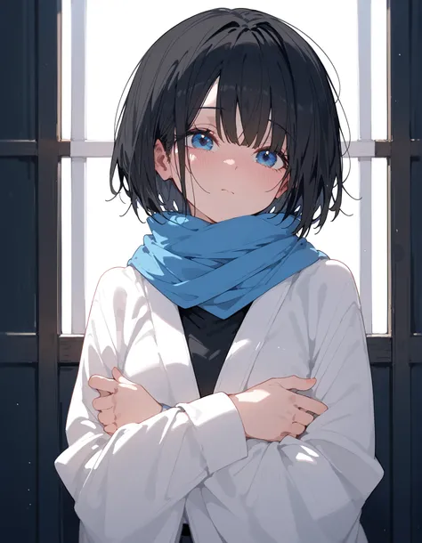 Alone ,girl,in blue eyes, black Hair,short hair,Upper Body Shape,Shy,shy, white kimono, blue scarf ,slim,medium size,good figure,Spread your arms out,cute,อีโมจิshyอาย,Black polo shirt,Hands in sleeves