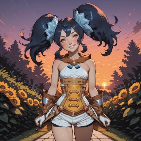 1girl, solo, realistic, (blush, sexy, smile, sexy, head tilt, tilted head, standing), looking at viewer, Renee Dragalia Lost, twintails, bangs, blue hair,  yellow eyes, hair ornament, small breasts, petite, gloves, corset, shorts, boots,
upper body
BREAK, ...