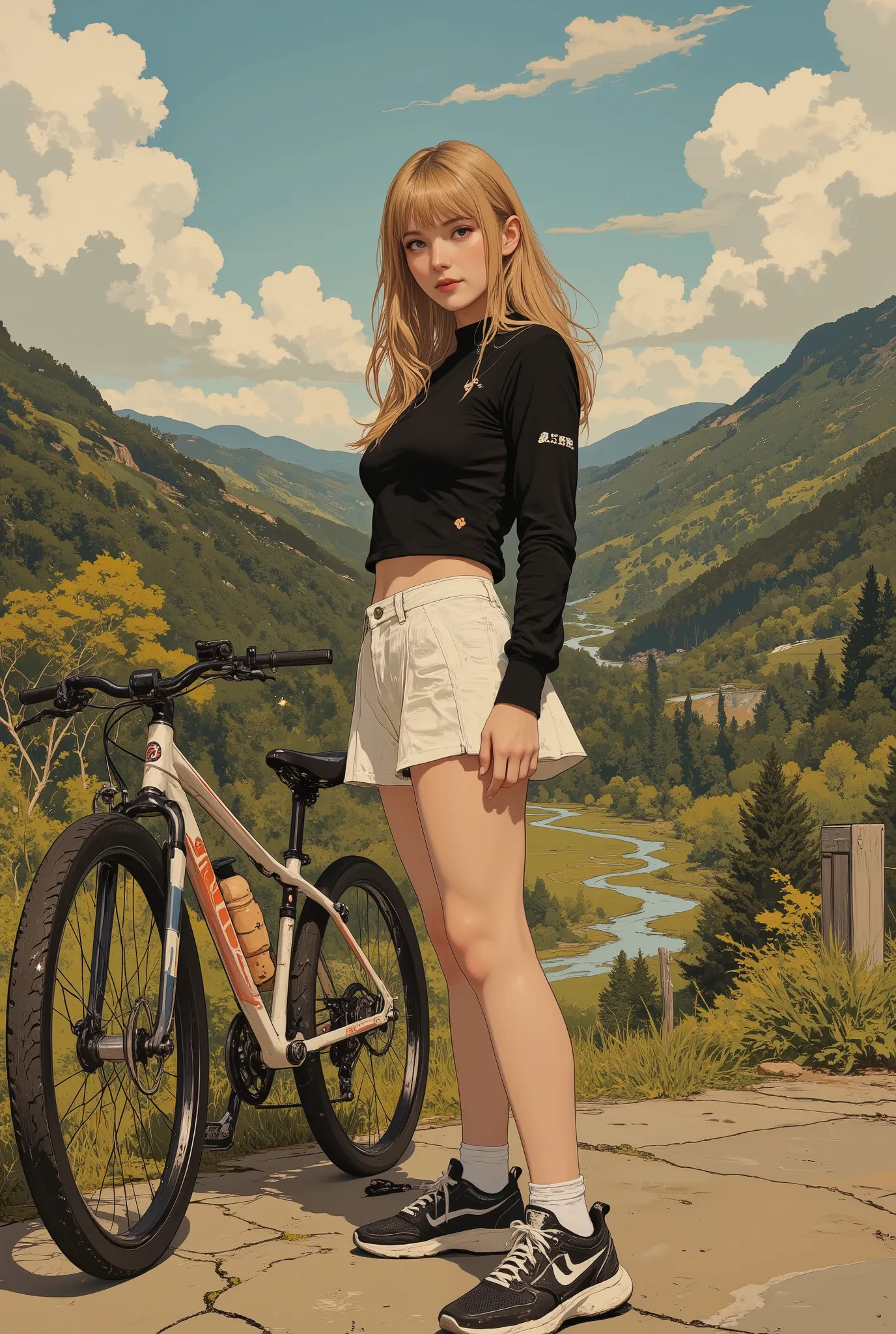 
(1 small girl, solo, long hair, bangs, blonde gradient hair, mischevious smile, blue eyes, staring at viewer, parted lips, Orgasmic face, small breasts, athletic body, detailed face and eyes, slim body beauty, Sexy young girl, Detailed face), (A female sk...