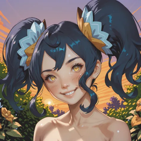 1girl, solo, realistic, (blush, sexy, smile, sexy, head tilt, tilted head), looking at viewer, Renee Dragalia Lost, twintails, bangs, blue hair,  yellow eyes, hair ornament, portrait, face focus,
BREAK, Masatsugu Saito, Garden, sunset, orange sky, purple s...