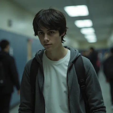  A age boy  ((14 anos)) with slightly messy dark hair and warm brown eyes. He wears a gray hoodie over a tight white t-shirt and a black backpack on one shoulder. He walks alone with his head down, exuding a sad and emotionally heavy vibe. His school unifo...