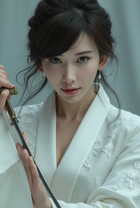 Very beautiful woman, woman holding sword, woman murderous expression, woman luxury white kimono