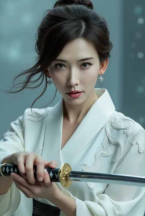 Very beautiful woman, woman holding sword, woman murderous expression, woman luxury white kimono