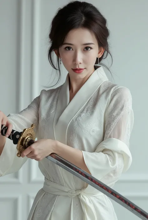 Very beautiful woman, woman holding sword, woman murderous expression, woman luxury white kimono, full body image, woman sexy legs