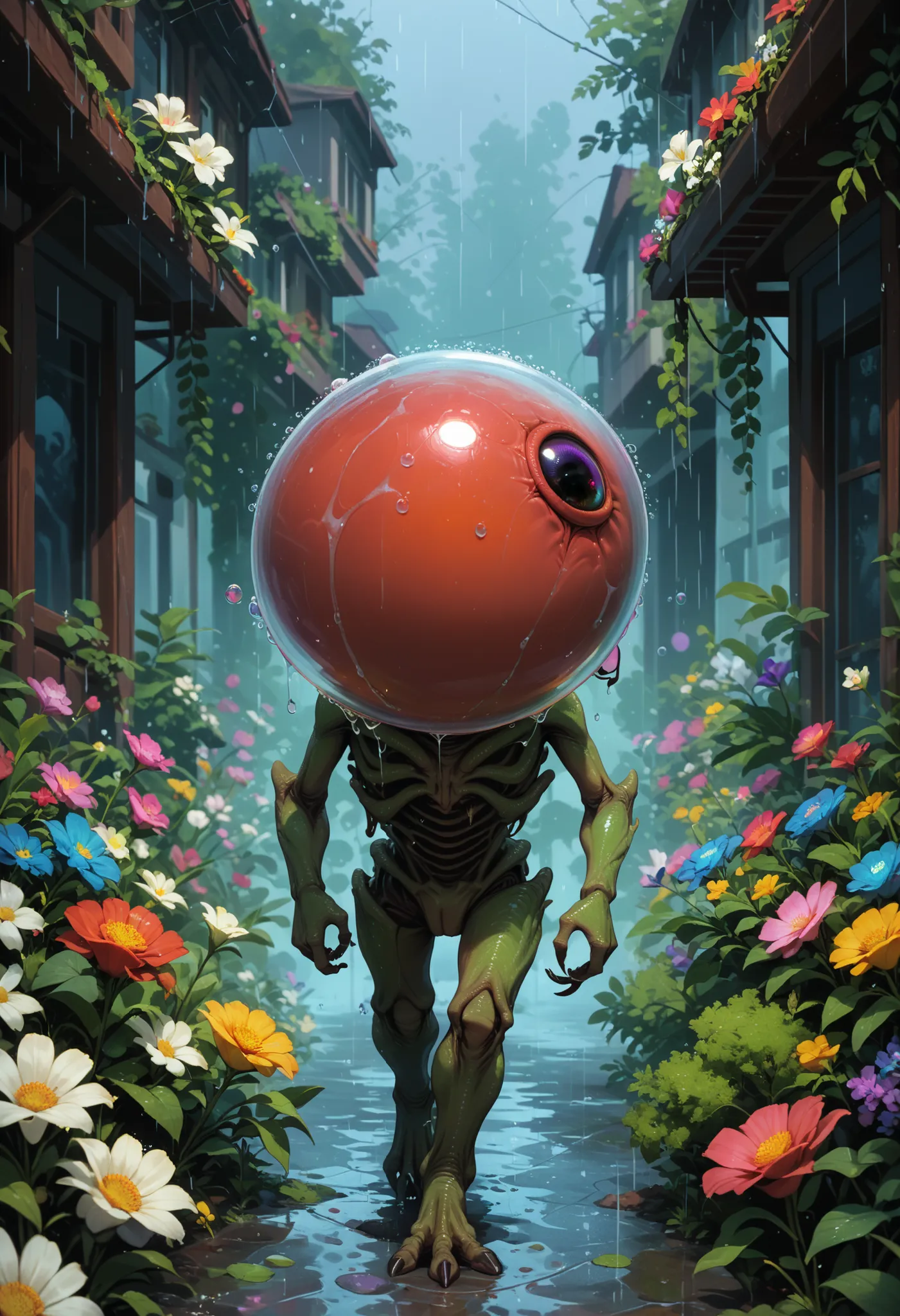 SmoothNoob_Quality,alien world, alien flower, multicolored flowers, walking eyeball, no humans, rain, bubbles, ​​​