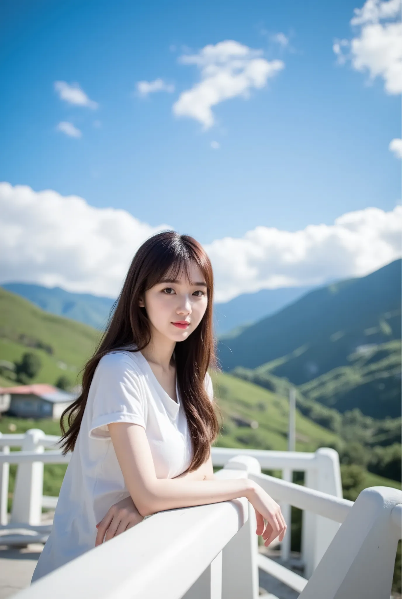 A serene outdoor scene features a young Asian woman gracefully posing against a stunningly bright blue sky dotted with fluffy, white clouds. She adopts a relaxed pose, leaning forward on a white wooden railing, which evokes a sense of peace and tranquility...