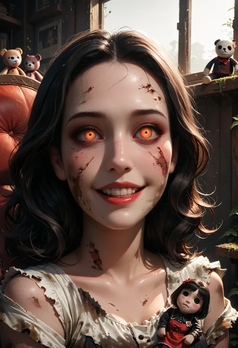 Lost in a sea of ​​despair and agony, a super-sexy, dirty, disheveled, and morbid woman sits in a rocking chair in a dingy old room with crumbling walls. Tufts of dark hair on her head are made of ripped, dirt-stained fabric, unraveling at the seams. She s...