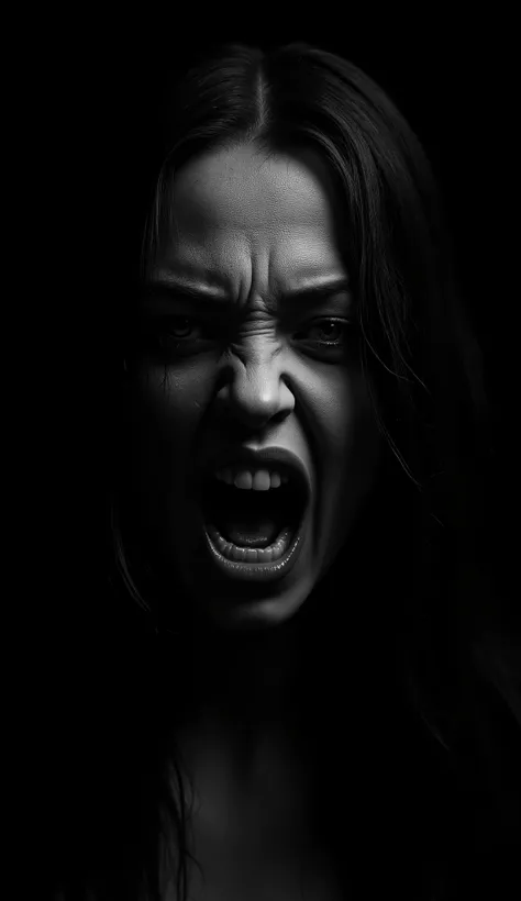 Close-up of the face of a female ghost with a very angry facial expression, Very black background, Very sinister,  terrifying , powerful, lighting chiaroscuro, irritable, Cinematic, hyperrealistic, 8K, highly detailed, Photorealist, (best quality,4k,8K,hig...