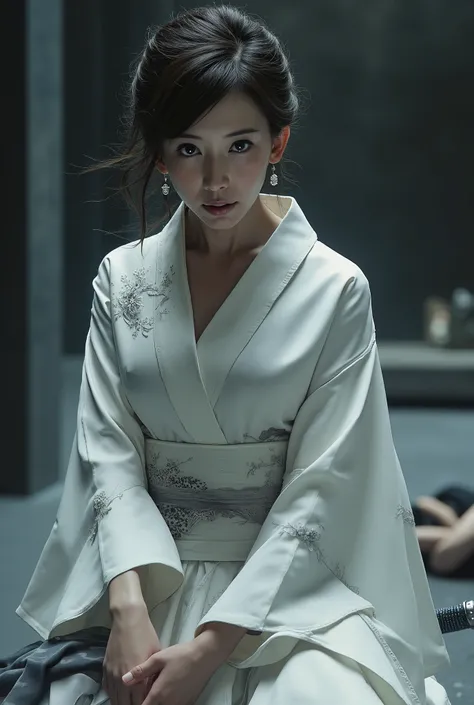 Very beautiful woman, woman holding sword, woman murderous expression, woman luxury white kimono, full body image, woman sexy legs, a boy lying down in floor