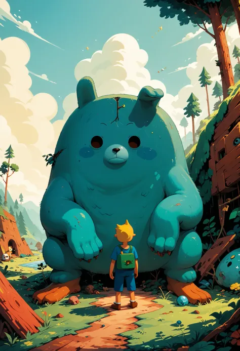 Finn and Jake from Adventure Time, Anime style drawing, in the world of Adventure Time, Adventure Time color palette, Jake the dog, Finn the human, Rick and Morty style, on a post-apocalyptic background, incredibly detailed, a work of art.