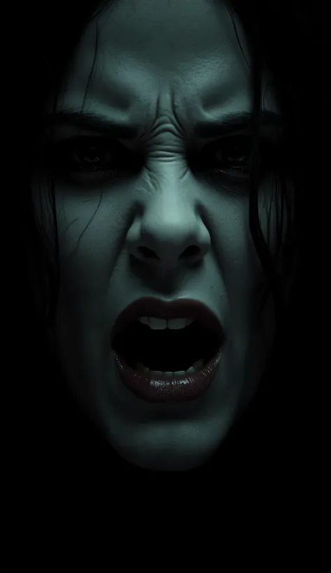 Close-up of the face of a female ghost with a very angry facial expression, Very black background, Very sinister,  terrifying , powerful, lighting chiaroscuro, irritable, Cinematic, hyperrealistic, 8K, highly detailed, Photorealist, (best quality,4k,8K,hig...