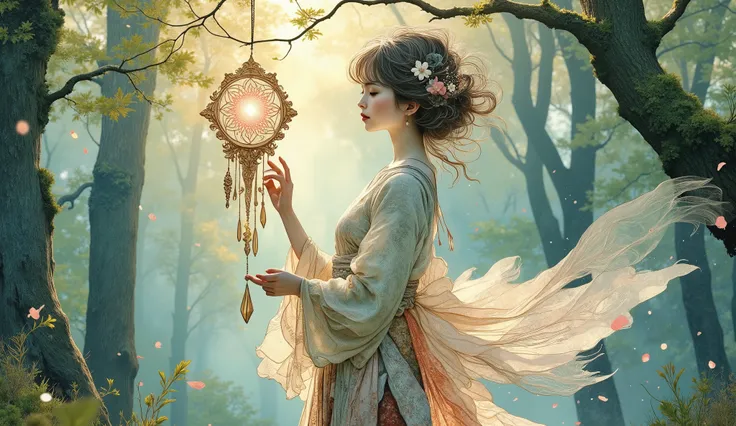 Ethereal female forest spirit made of translucent smoke, delicately touching a hanging Japanese furin wind chime, enchanted forest setting, dappled sunlight filtering through trees, floating pollen particles, gentle breeze, mystical atmosphere, soft diffus...