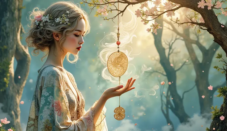 Ethereal female forest spirit made of translucent smoke, delicately touching a hanging Japanese furin wind chime, enchanted forest setting, dappled sunlight filtering through trees, floating pollen particles, gentle breeze, mystical atmosphere, soft diffus...