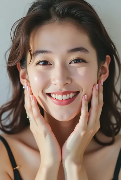 extreme close-up of a stunning modern Japanese girl, soft glowing dewy skin with a natural blush, cheeks deeply flushed from shyness, slightly parted glossy lips in a shy, joyful smile, upper teeth just barely showing, eyes moist with a gentle tear line gl...