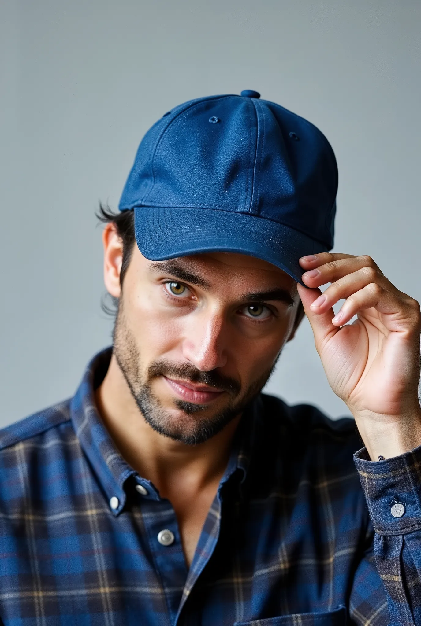 Close-up of a man wearing a simple blue cap and a plaid shirt, tilting the head slightly downward, while holding the cap brim with one hand. The background is simple and light gray . Your expression is relaxed and subtle, and his face is partially obscure...
