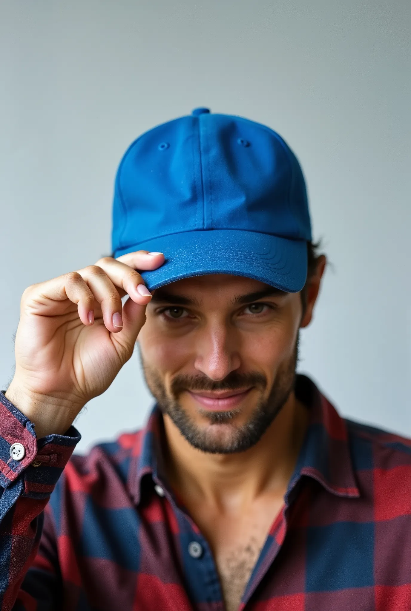 Close-up of a man wearing a simple blue cap and a plaid shirt, tilting the head slightly downward, while holding the cap brim with one hand. The background is simple and light gray . Your expression is relaxed and subtle, and his face is partially obscure...