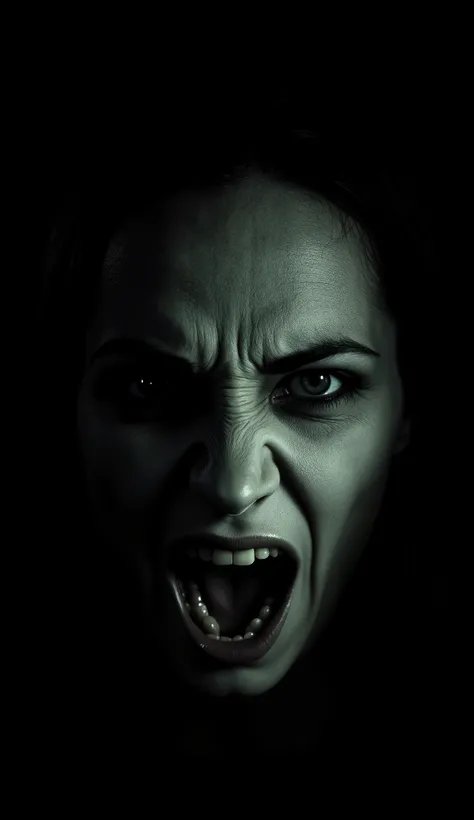 Close-up of the face of a female ghost with a very angry facial expression, Very black background, Very sinister,  terrifying , powerful, lighting chiaroscuro, irritable, Cinematic, hyperrealistic, 8K, highly detailed, Photorealist, (best quality,4k,8K,hig...