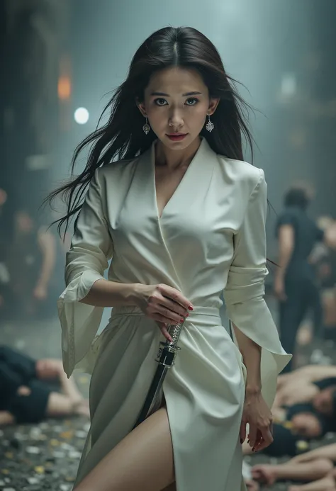 Very beautiful woman, woman holding sword, woman murderous expression, woman luxury white kimono, full body image, woman sexy legs, people have died lying everywhere