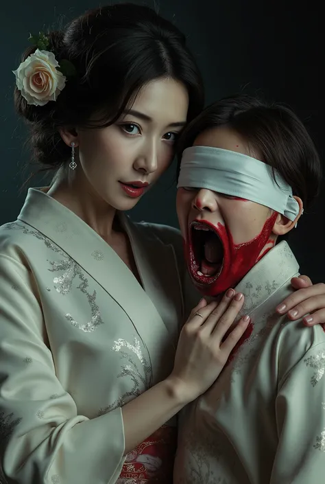 Very beautiful woman, woman luxury white kimono, woman knife, cut throat a boy blindfold, neck bloody splash, wide open thr oat, throat contents