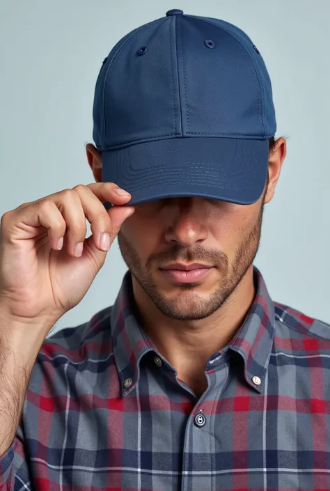 Close-up of a man wearing a simple blue cap and a plaid shirt, while holding the cap brim with one hand.  The background is simple and light gray .  His expression is relaxed , and his face is partially obscured by the cap. The image has clean lighting and...