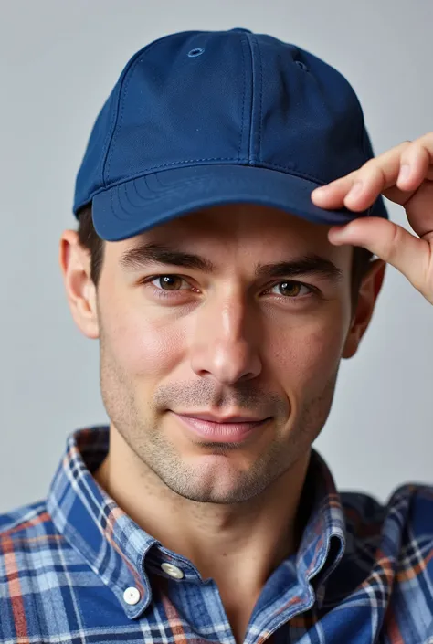 Close-up of a man wearing a simple blue cap and a plaid shirt, while holding the cap brim with one hand.  The background is simple and light gray .  His expression is relaxed , and his face is partially obscured by the cap. The image has clean lighting and...