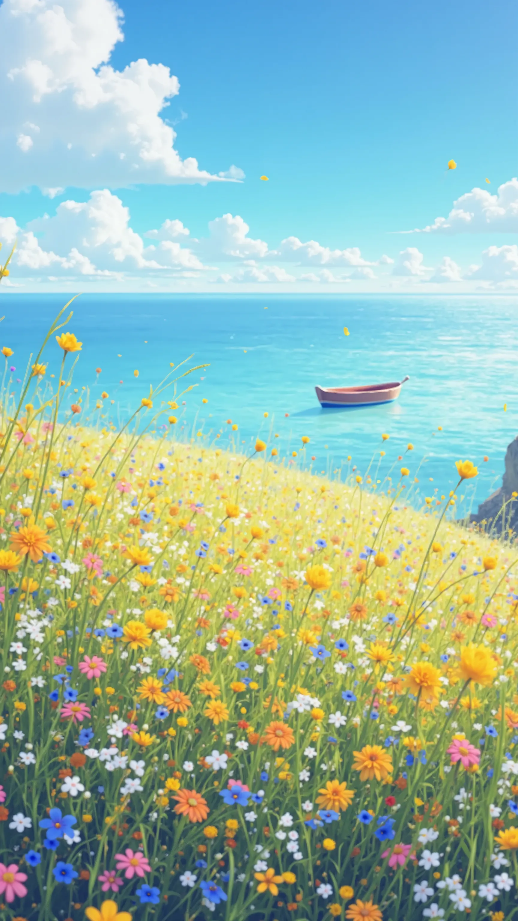 masterpiece、最High Quality、High Quality、 Detailed CG Unity 8K Wallpaper 、 scenery、Admire the prairie、窓の外の scenery、colorful flowers、The ocean beyond the prairie、nature、Scandinavian house facing the ocean、There is a fishing boat、blue sky that seems to pass through、depth of field、high resolution、flower、 Chromatic Aberration、Photorealism、very detailed、art station wearing a riff、CG social trends、 complicated 、High Detail、dramatic、