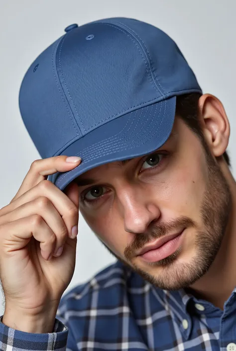 Close-up of a man wearing a simple blue cap and a plaid shirt, while holding the cap brim with one hand.  The background is simple and light gray . with the head tilted slightly down.  His expression is relaxed , and his face is partially obscured by the c...