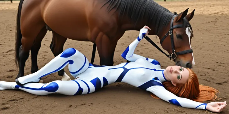 ultra realism, photorealistic, zoophilie, tall and slender kim possible is laying legs spreaded on a low table and gets fucked by horsegal with his huge black h0rs3_p3nis with pink spots inside her wet vagina, Horsegal is above Kim Possible, anatomically c...