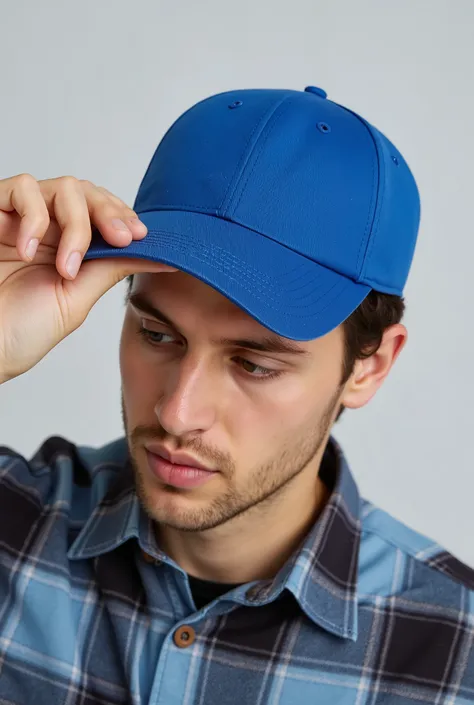 Close-up of a man wearing a simple blue cap and a plaid shirt, while holding the cap brim with one hand.  The background is simple and light gray . with the head tilted slightly down.  His expression is relaxed , and his face is partially obscured by the c...