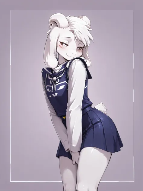 standing pose facing forward, minimalist background with a soft b, femboy, Male, furry goat, diamond-white eyes, cute little goat horns. Light white hair, androgynous appearance, boy, cute appearance, cute body, albino, goat-human hybrid, legs closed inwar...