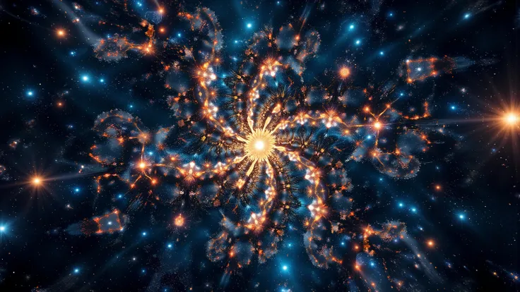 An epic and mystic fractal rectangles celestial kaleidoscope in an infinity pool of galaxies backdrop. An award-winning masterpiece, with ray tracing science.