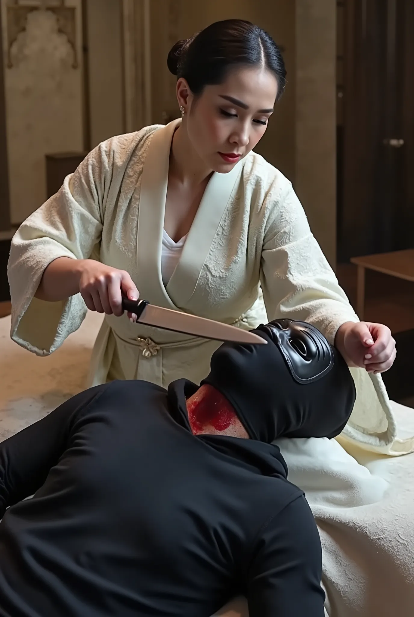 ACTION, Very beautiful woman, woman luxury white kimono, woman knife, woman cut neck male by knife, a male mask, male neck bloody splash, woman kill male, male black hoodie, Male neck split