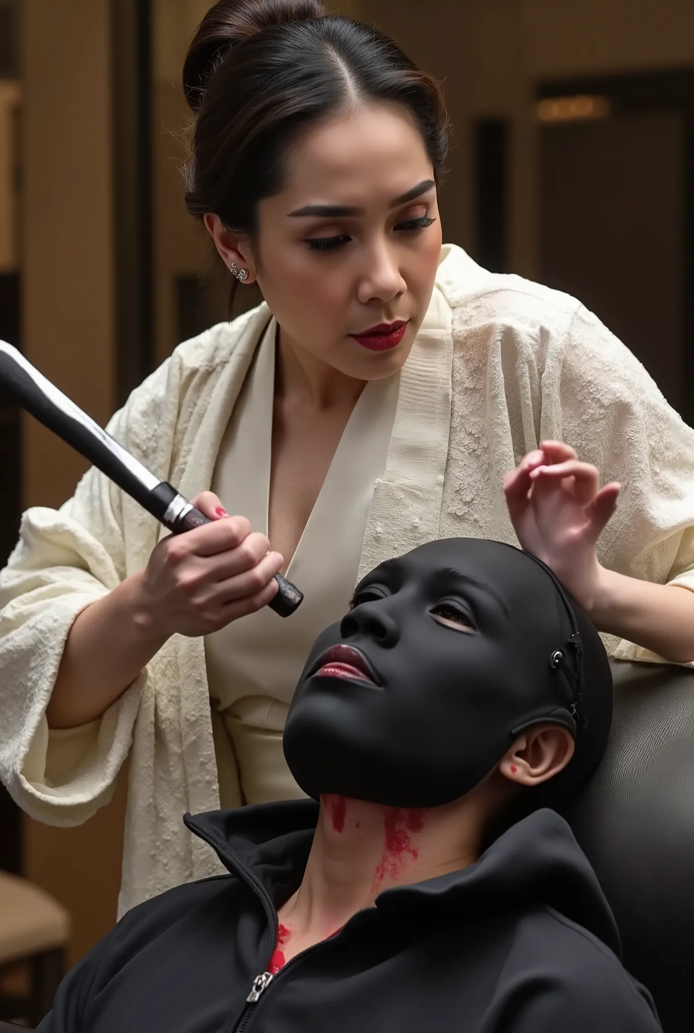 ACTION, Very beautiful woman, woman luxury white kimono, woman knife, woman cut neck male by knife, a male mask, male neck bloody splash, woman kill male, male black hoodie, Male neck split