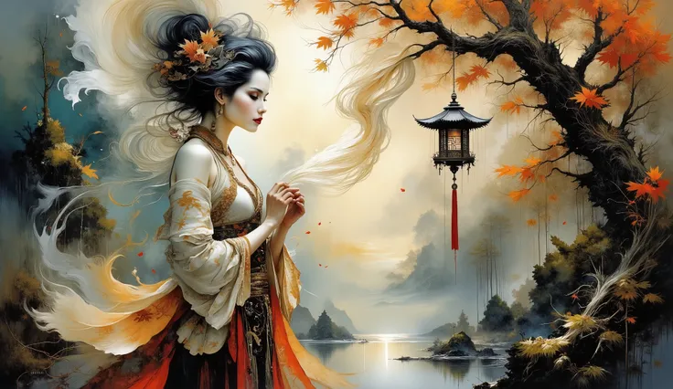 Portrait of luminous female forest guardian composed of swirling translucent smoke tendrils, delicately interacting with ornate Japanese furin wind chime hanging from ancient maple branch, mystical Shinto forest clearing, magical golden hour atmosphere, da...