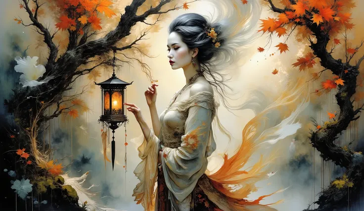 Portrait of luminous female forest guardian composed of swirling translucent smoke tendrils, delicately interacting with ornate Japanese furin wind chime hanging from ancient maple branch, mystical Shinto forest clearing, magical golden hour atmosphere, da...