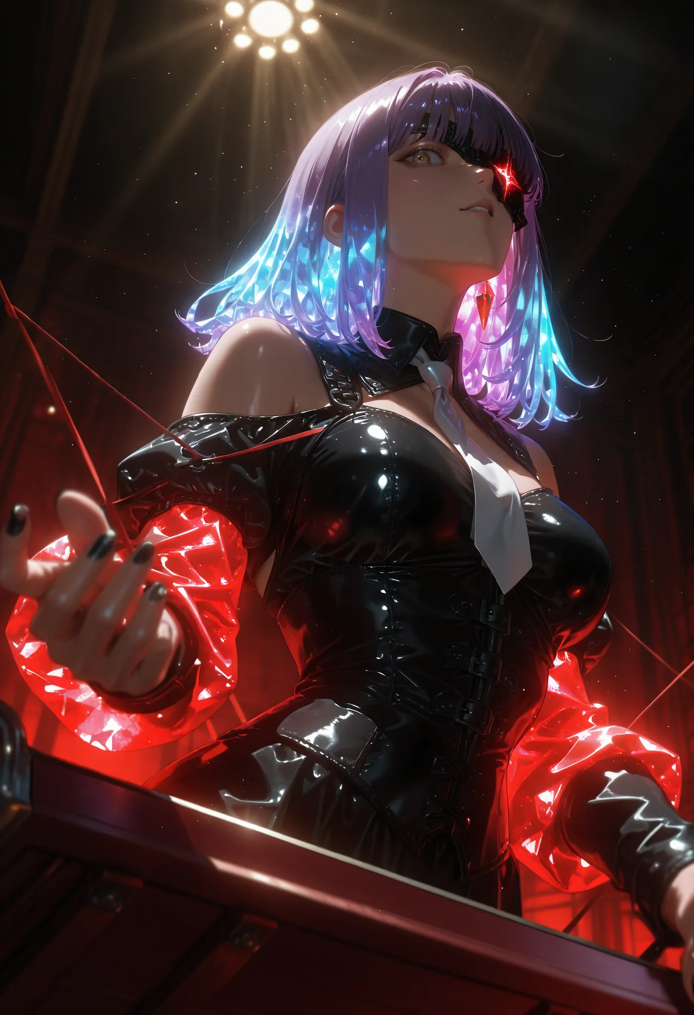 photorealistic, beautiful detailed eyes, detailed leather, detailed hair, volumetric lighting, Extremely detailed dapple, light particles, dramatic shadows, movie lighting, depth of field,(Villain),A girl with purple hair ,shiny hair,bangs,(bangs cubre un ...