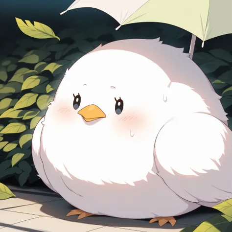 Masterpiece,Best quality, ultra detailed,Japanese Anime style, (pure white sparrow mascot) , round body, fluffy body,simple face, cute appearance, He looks hot, he's sweating, he's carrying a parasol made of leaves,