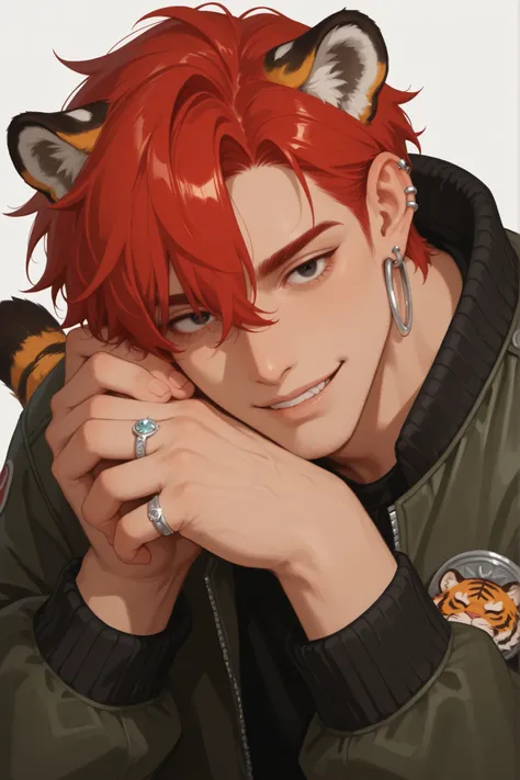 make a tiger guy. He should have medium-length red hair, beryuz eyes, tiger ears and a tail. He should have a silver ring piercing on his lower lip. Human ears should not be visible. Tiger ears should have tiny silver hoop earrings. There are two rings on ...