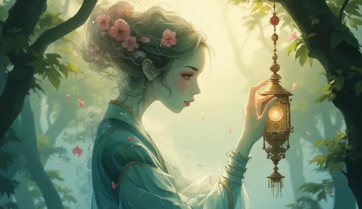 Ethereal female forest spirit made of translucent smoke gently touching a hanging Japanese furin wind chime, enchanted forest bathed in dappled golden hour sunlight, floating pollen particles dancing in light beams, cherry blossom petals carried on gentle ...
