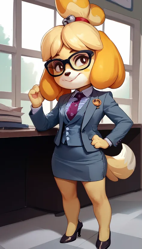score_9, score_8_up, score_7_up, score_6_up, source_anime, three-piece suit, 1girl, solo, glasses, formal, jewelry, suit, purple necktie, earrings, jacket, waistcoat, shirt, standing, window, dark grey jacket, striped shirt with white collar, grey skirt, m...