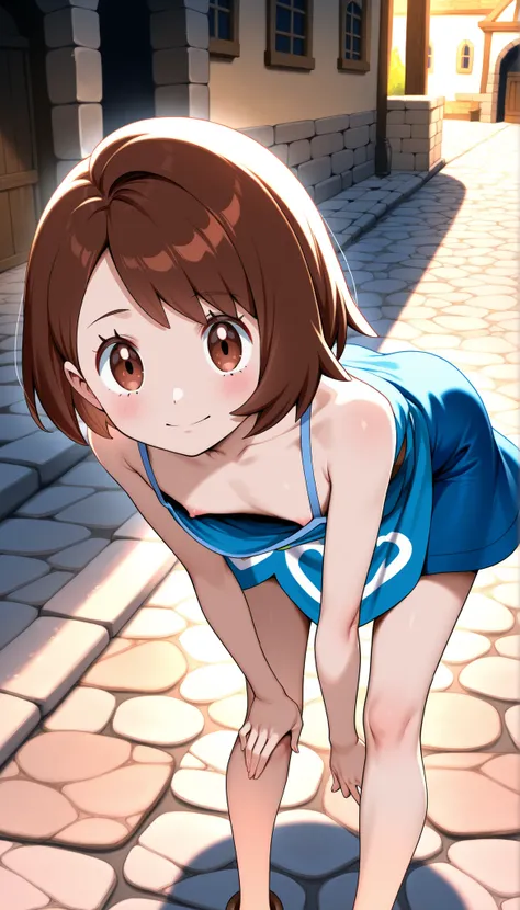 (Gloria(Pokémon Sword and Shield):1.5)、(ultra small chest:1.5)、(ultra flat chest:1.5)、(bent over:1.1)、(downblouse:1.1)、(nipple slip-out:0.7)、(ultra super fine illustration:1.1)、(extremely detailed CG:1.1)、(best quality:1.1)、(cobblestone streets in a mediev...
