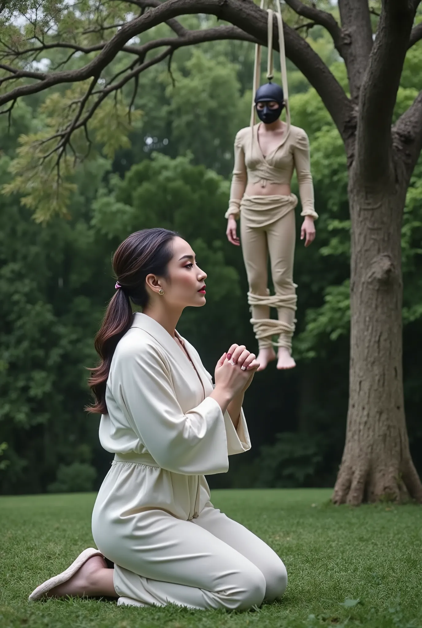 Very beautiful woman, woman luxury white kimono, woman knife, woman kneeling in prayer on the ground, a male, male body dead, male hanging from a tree with a rope around his neck, male mask, male completely tied with rope