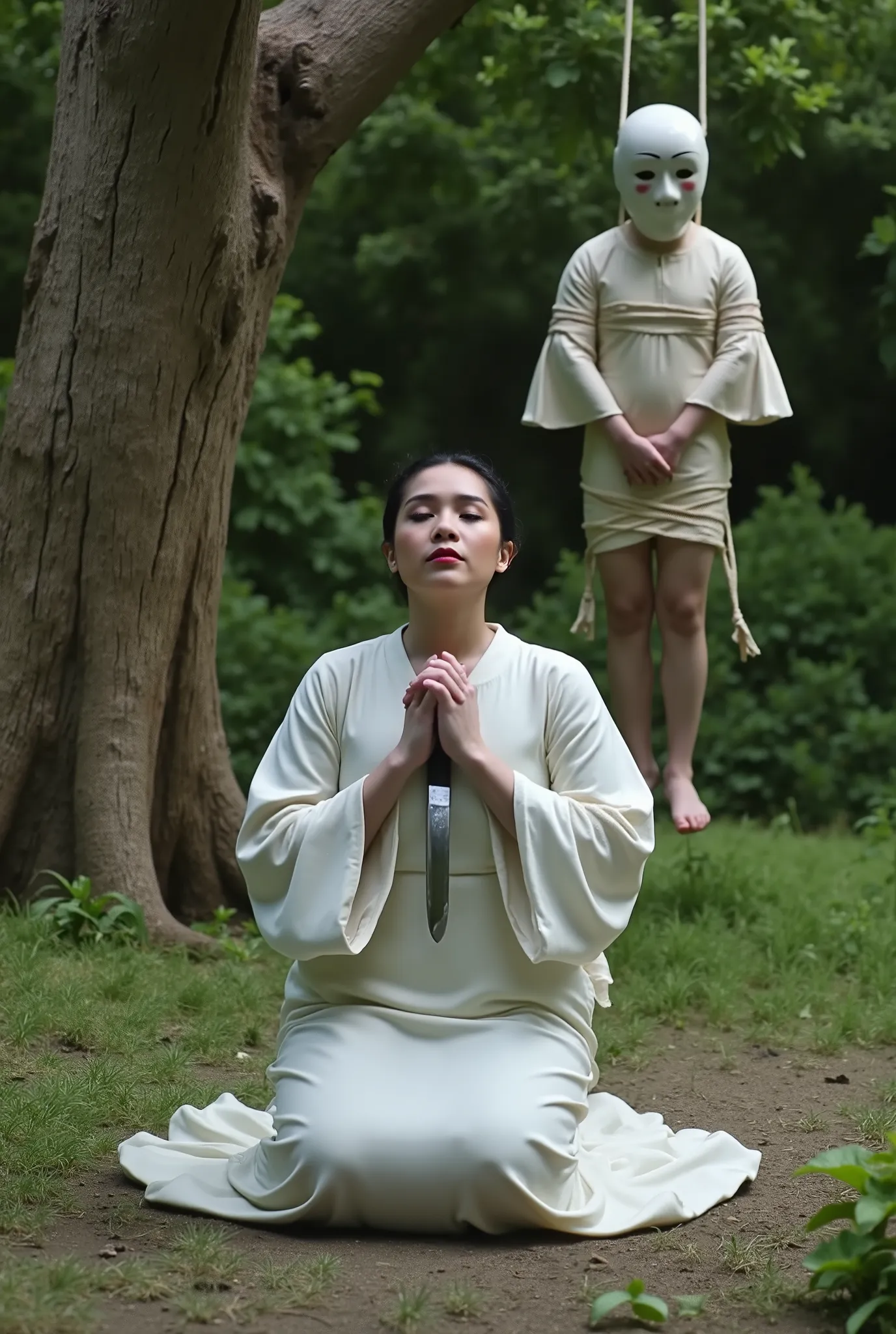 Very beautiful woman, woman luxury white kimono, woman knife, woman kneeling in prayer on the ground, a male, male body dead, male hanging from a tree with a rope around his neck, male mask, male completely tied with rope